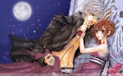  blood brown_eyes brown_hair dress grey_hair kiryu_zero moon night petals rose scenic short_hair sky vampire_knight violet_eyes yuuki_cross 