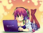  cleavage exit_tunes headphones kiba_satoshi laptop wink 