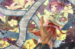  1girl brush flower hair_ornament hieda_no_akyu hieda_no_akyuu highres japanese_clothes long_sleeves obi open_mouth pink_hair purple_eyes scroll short_hair solo stoner08 touhou translation_request wide_sleeves 