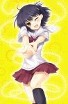  aikawa_kizuna bad_id black_hair brown_eyes crossdressinging finger_gun male minakami_kurena open_mouth prunus_girl school_uniform short_hair skirt smile solo trap wink 