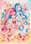  2girls blue_eyes blue_hair boots cure_blossom cure_marine dress flower hair_ornament hanasaki_tsubomi heart heartcatch_precure! highres kurumi_erika long_hair magical_girl mosho multiple_girls petals pink_eyes pink_hair ponytail precure ribbon rose smile traditional_media wrist_cuffs 