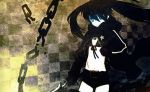  black_hair black_rock_shooter black_rock_shooter_(character) blue_eyes chain huke long_hair scar shorts solo sword twintails weapon 