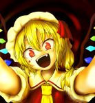  blonde_hair blood bow fang flandre_scarlet hat head_tilt highres open_mouth red_eyes serufu_(deja) short_hair side_ponytail solo touhou vampire wings 