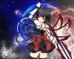  bad_id black_hair black_legwear black_thighhighs dress from_behind houjuu_nue looking_back nekokotei polearm red_eyes ribbon short_hair smile snake solo thigh-highs thighhighs touhou trident weapon wings zettai_ryouiki 