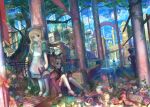  alice_(wonderland) alice_in_wonderland blonde_hair blue_eyes cheshire_cat cityscape dessert dormouse flower food fuji_choko hair_flower hair_ornament long_hair mad_hatter march_hare moon queen_of_hearts scenery sitting swing 