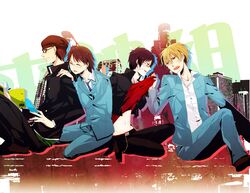  black_hair blonde_hair book brown_eyes brown_hair durarara! glasses hat heiwajima_shizuo kadota_kyohei kishitani_shinra orihara_izaya red_eyes 