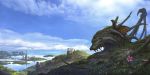  cloud clouds creature dragon fantasy flower grass highres island landscape no_humans original reflection scenery scenic sky tail tower ucchiey water wings 