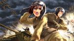  blue_eyes brown_eyes brown_hair caterpillar_tracks cloud clouds explosion flying glasses goggles goggles_on_head gun helmet highres jpeg_artifacts mecha military military_uniform military_vehicle muv-luv muvluv science_fiction tank uniform vehicle weapon 