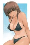  breasts brown_eyes brown_hair cleavage ishida_masayuki large_breasts lowres smile solo swimsuit tan tanline 