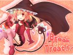  blonde_hair cape elbow_gloves fang flandre_scarlet gloves halloween hat open_mouth red_eyes short_hair side_ponytail smile solo touhou wings wink zinczinc_ka 