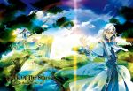  blonde_hair brown_hair clouds dress light long_hair sea sky sun tree water white_hair wind 