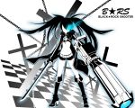  8055 arm_cannon bikini_top black_hair black_rock_shooter black_rock_shooter_(character) blue_eyes boots chain cross flat_chest highres huge_weapon katana knee_boots long_hair midriff scar short_shorts shorts solo star sword twintails weapon white_skin 