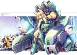  blonde_hair chibi ein ein_(long_cake) gadget_trial gun hat long_hair mecha mecha_musume mechagirl original red_eyes snowing techgirl weapon 