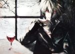  1boy absurdres banpai_akira blonde_hair faux_traditional_media fortune_arterial glass hands highres looking_at_viewer male original polychromatic red_eyes sendou_iori short_hair solo window wine 