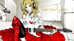  armor blonde_hair breasts choker cross dress electric_guitar green_eyes headphones jacket jewelry legs long_hair microphone necklace original red_dress solo thigh-highs woman 