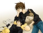  2boys black_hair book brown_hair closed_eyes eevee green_eyes male multiple_boys ookido_green pikachu playstation_2 pokemon pokemon_(creature) red_(pokemon) short_hair sleeping 