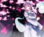  cherry_blossoms fan folding_fan gayprince ghost glowing hat highres hitodama japanese_clothes kimono looking_at_viewer night night_sky pink_hair red_eyes saigyouji_yuyuko short_hair sky smile solo touhou tree 