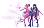  absurdres akemi_homura arrow back-to-back black_hair bubble_skirt from_behind full_body gradient_hair gun hairband heart heart_(organ) highres kaname_madoka kariya_(mizore) kneehighs kyubey long_hair magical_girl mahou_shoujo_madoka_magica multicolored_hair multiple_girls pantyhose pink_hair purple_eyes rocket_launcher rpg rpg-7 shield shoes short_hair title_drop twintails very_long_hair violet_eyes weapon white_legwear 