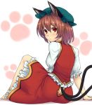 animal_ears arm_support ass barefoot brown_hair butt_crack cat_ears cat_tail chen earrings face from_behind gradient_hair hat hiroya_juuren jewelry looking_back multicolored_hair multiple_tails paw_print red_eyes short_hair sitting solo tail touhou 