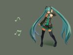  boots closed_eyes detached_sleeves green_hair hand_on_headphones hatsune_miku headphones long_hair musical_note necktie occult_soda skirt solo thigh_boots thighhighs twintails vocaloid 