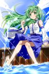 barefoot detached_sleeves feet feet_in_water frog green_eyes green_hair hair_ornament kochiya_sanae legs long_hair popsicle rozen5 sitting skirt snake soaking_feet solo splash touhou water