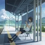  bag black_hair black_legwear cloud clouds glasses iphone kneehighs kusakabe_(kusakabeworks) kusakabe_(pixiv10302) landscape original phone railroad_tracks scenery school_uniform serafuku shade shirt sitting skirt sky solo sunlight train_station 