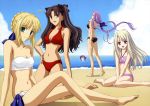  2006 5girls =_= ahoge artoria_pendragon_(all) ass back bare_shoulders barefoot beach between_thighs bikini braid chibi child clouds fate/stay_night fate_(series) green_eyes hair_ornament hand_on_hip highres illyasviel_von_einzbern innertube ishihara_megumi long_hair matou_sakura medusa_(fate)_(all) red_eyes ribbons rider saber sky swimming swimsuit tohsaka_rin toosaka_rin water 