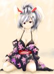 alternate_hairstyle animal_ears bare_shoulders bra breasts bunny_ears cleavage hair_ornament hairclip highres japanese_clothes kimono lingerie maruto-b open_kimono rabbit_ears red_eyes reisen_udongein_inaba short_hair silver_hair solo touhou underwear 
