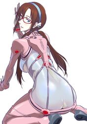  blue_eyes brown_hair butt_crack choobackers32 glasses hairband long_hair looking_back makinami_mari_illustrious neon_genesis_evangelion plugsuit rebuild_of_evangelion skin_tight solo test_plugsuit twintails 