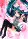  armpits blue_eyes blush detached_sleeves falling forehead geroro hatsune_miku headset long_hair necktie open_mouth skirt thigh-highs thighhighs traditional_media twintails very_long_hair vocaloid watercolor_(medium) 
