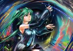   artist_request bare_shoulders cityscape detached_sleeves green_eyes green_hair happy hatsune_miku long_hair night skirt sky smile solo source_request starry_sky thigh-highs necktie twintails vocaloid  