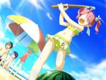  barefoot beach black_hair blue_hair blush game_cg group hoshizora_no_memoria kogasaka_chinami long_hair pink_hair ribbons shida_kazuhiro short_hair swimsuit umbrella watermelon 