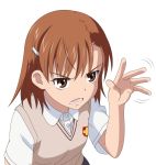  brown_hair face gesture hands misaka_mikoto school_uniform short_hair smile_(rz) solo sweater_vest to_aru_kagaku_no_railgun to_aru_majutsu_no_index waving 