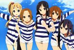  absurdres akiyama_mio alternate_hairstyle braid hair_bobbles hair_ornament hairclip highres hirasawa_yui jewelry k-on! kotobuki_tsumugi multiple_girls nakano_azusa necklace nyantype official_art scan shirt shirt_tug shorts side_ponytail striped striped_shirt tainaka_ritsu twintails 