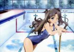  absurdres black_hair blue_eyes bow empty_pool fate/stay_night fate_(series) fence hair_bow highres iizuka_haruko leaning_forward long_hair looking_at_viewer official_art one-piece_swimsuit open_mouth pool pool_ladder reflection ribbon scan school_swimsuit solo sparkle swimsuit tohsaka_rin toosaka_rin twintails water wet wink 