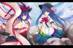  blue_hair capelet food fruit hat hinanawi_tenshi letterboxed long_hair looking_at_viewer multiple_girls nagae_iku peach purple_eyes rim_(kingyoorigin) rimu_(rim573) shawl sitting smile sunbeam sunlight touhou 