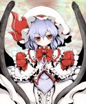  blue_hair blush dress frilled_dress frills frilly_dress hat red_eyes remilia_scarlet shishigami_(sunagimo) short_hair touhou wings 