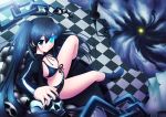  black_rock_shooter black_rock_shooter_(character) blue_eyes boots chain checkered eyepatch glowing glowing_eyes highres katana long_hair looking_back massan sitting skull solo star sword twintails weapon 