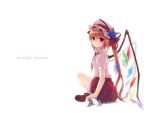  adapted_costume artist_request blonde_hair crossed_legs flandre_scarlet flower hat hat_ribbon light_smile long_hair looking_at_viewer necktie red_eyes ribbon shoes short_hair short_sleeves side_ponytail simple_background sitting skirt skull solo touhou wallpaper white wings 
