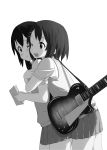  :d blush cheek_to_cheek guitar hamao hirasawa_yui hug instrument k-on! monochrome multiple_girls nakano_azusa open_mouth school_uniform smile sweater_vest wink 