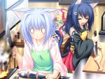  animal_ears blue_hair catgirl fire fish food japanese_clothes kimono kiryuu_hina kiryuu_sakuya neko_koi tail weapon 