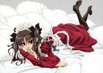  absurdres alternate_costume bed_sheet black_hair boots bow enmaided fate/stay_night fate_(series) green_eyes hair_bow headdress highres long_hair maid pillow scan solo tohsaka_rin toosaka_rin twintails 