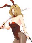  brown_eyes brown_hair bunny_ears bunnysuit long_hair original pantyhose rabbit_ears sankyou solo sword weapon 