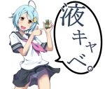  blue_hair blush bottle fang flat_chest hair_ornament hands lowleg lowleg_panties orange_eyes original painpa panties pantyshot pointing school_uniform seifuku serafuku short_hair skirt skirt_lift solo star translation_request underwear upskirt white_panties wind_lift wink 