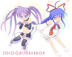  ahoge bad_id bare_shoulders blue_eyes blue_hair blush choker cosplay demon_tail detached_sleeves disgaea dress embarrassed etna etna_(cosplay) flonne flonne_(cosplay) green_eyes hair_ribbon highres hiiragi_kagami izumi_konata kazuboh long_hair lucky_star midriff mole mound_of_venus navel purple_hair ribbon skirt tail thigh-highs thighhighs tsurime twintails wings zettai_ryouiki 