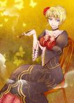  blonde_hair blue_eyes bow breast_hold breasts butterfly chair choker dress ens flower hair_flower hair_ornament kiseru pipe red_rose rose sitting solo umineko_no_naku_koro_ni 