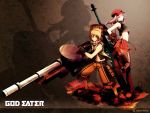  arisa_iriinchina_amieera ass boots cabbie_hat fujiki_kouta god_eater god_eater_burst hat highres huge_weapon midriff official_art pantyhose plaid plaid_skirt skirt suspenders tan_pantyhose tartan thigh_boots thighhighs underboob wallpaper weapon 