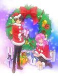  bow christmas couple feldt_grace gift gundam gundam_00 haro hat holding holding_gift pink_hair ribbon ris santa_costume santa_hat setsuna_f_seiei smile twintails 