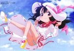  black_hair blush child cloud dress fight_ippatsu!_juuden-chan!! fight_ippatsu_juuden-chan hat highres komatsu_momoka long_hair megami official_art panties pantyshot pink_eyes ribbon rona_elmo scan short_hair sky socks solo underwear 