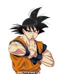  1boy black_eyes black_hair dragon_ball dragon_ball_z fighting_stance looking_to_the_side male_focus medium_hair muscular muscular_male own_hands_together smile solo son_goku spiky_hair tarutobi upper_body white_background 